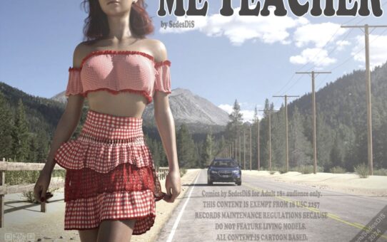 3D artwork of a teacher stranded on the roadside being offered a ride by young adult characters, dramatic adult comic style