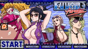 2D anime-style adult game artwork showing a confident marine captain in a pirate-inspired world