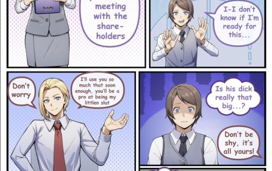 2D adult comic artwork featuring a feminine secretary character, transformation theme, anime-inspired style