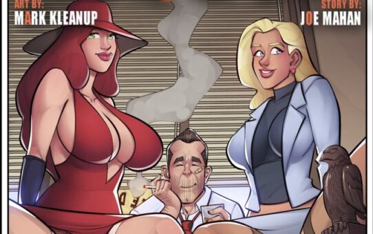 Illustrated noir-style detective scene featuring Ace Mack, his secretary, and a mysterious woman in a shadowy office setting