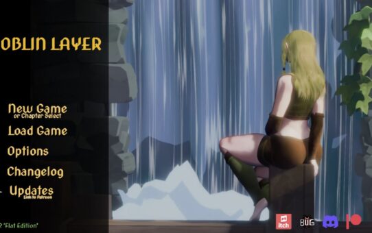 Goblin Layer adult fantasy game cover featuring the main adventurer and supporting female characters in a frontier town setting.