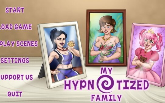 2D adult visual novel artwork showing an adult family household with psychological tension and hypnotic themes