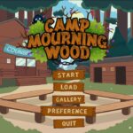 Camp Mourning Wood 2D adult game artwork showing a spooky forest camp at night