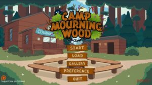 Camp Mourning Wood 2D adult game artwork showing a spooky forest camp at night