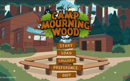 Camp Mourning Wood 2D adult game artwork showing a spooky forest camp at night
