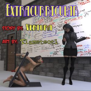 3D adult comic cover featuring Counselor Elisa with two adult students in a domination-themed scene, rendered in high-quality CGI style
