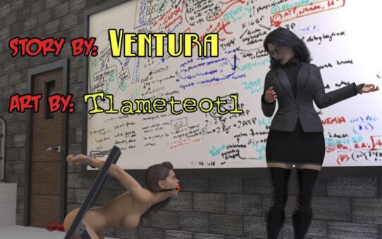 3D adult comic cover featuring Counselor Elisa with two adult students in a domination-themed scene, rendered in high-quality CGI style