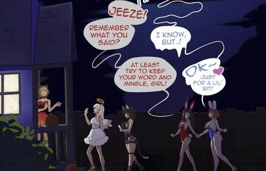 2D adult parody comic featuring a magical costume party and fantasy transformations