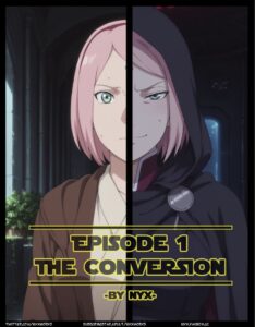 2D adult parody artwork of a pink-haired Jedi woman restrained aboard a sci-fi starship, inspired by Naruto and Star Wars, dramatic lighting and dark futuristic setting.