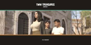 Twin Treasures 3D adult comic artwork featuring adult characters in a modern interior setting