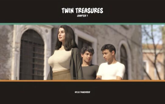 Twin Treasures 3D adult comic artwork featuring adult characters in a modern interior setting