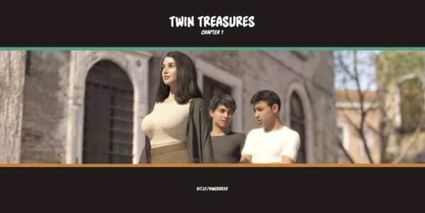 Twin Treasures 3D adult comic artwork featuring adult characters in a modern interior setting