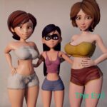 3D adult parody game artwork featuring a superhero woman in a dramatic setting