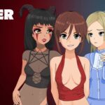 2D adult game cover featuring a confident female protagonist in an urban sci-fi setting