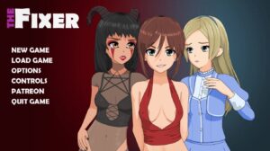 2D adult game cover featuring a confident female protagonist in an urban sci-fi setting