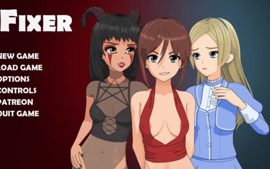 2D adult game cover featuring a confident female protagonist in an urban sci-fi setting