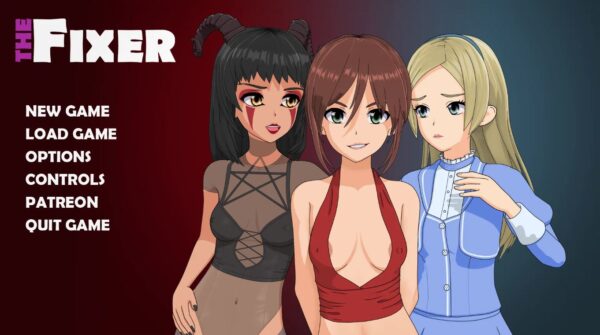 2D adult game cover featuring a confident female protagonist in an urban sci-fi setting