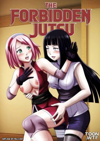 2D adult parody comic featuring an anime-style ninja character and a forbidden scroll