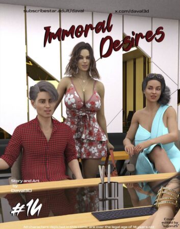 3D adult comic cover showing a serious conversation between adult characters in an intimate, professional setting