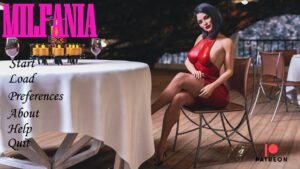 3D adult game artwork showing a confident mature woman and young male protagonist in a modern home setting