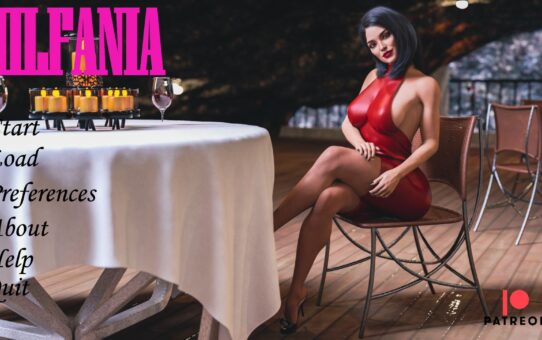 3D adult game artwork showing a confident mature woman and young male protagonist in a modern home setting