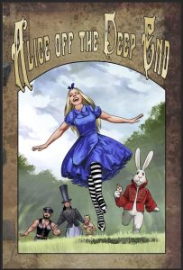 Alice entering a surreal fantasy world inspired by Wonderland, illustrated by Edelweiss.