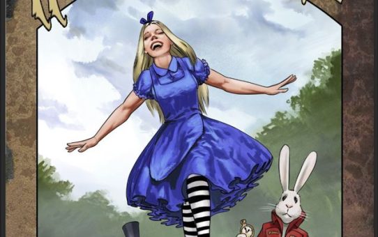 Alice entering a surreal fantasy world inspired by Wonderland, illustrated by Edelweiss.